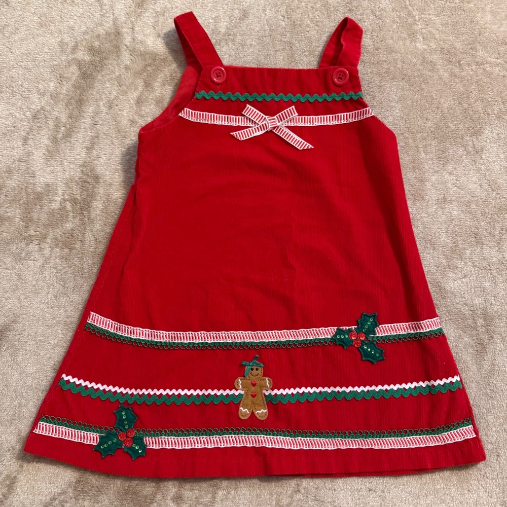 Mom & Me Girls Red Corduroy Christmas Gingerbread Holly Jumper Dress 3T